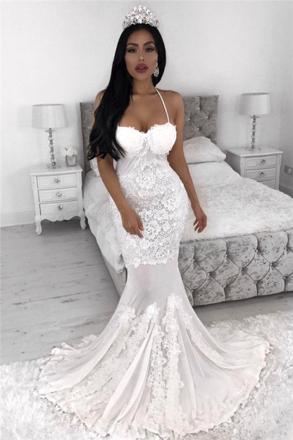 Straps Sexy Mermaid Wedding Dresses UK | Lace Appliques Wedding Dress