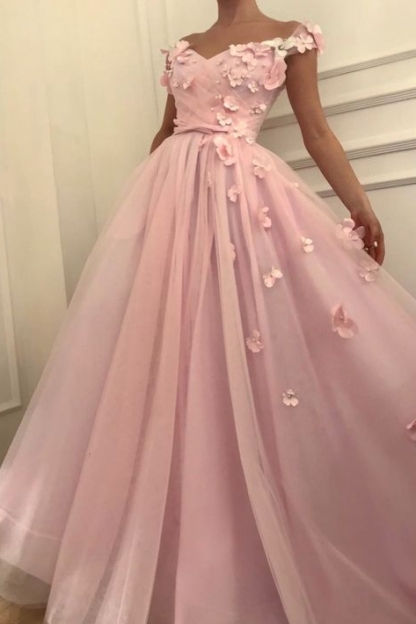 Sweet Pink Florals A-Line Tulle Long Sexy Prom Dress UK | Sexy Off-the-Shoulder Evening Dress UKes UK