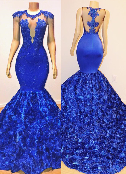 Elegant Royal Blue Florals Elegant Trumpt Prom Dress UKes UK UK | Lace Appliques Sleeveless Sheer Evening Dress UK BC1059-27Dress.co.uk