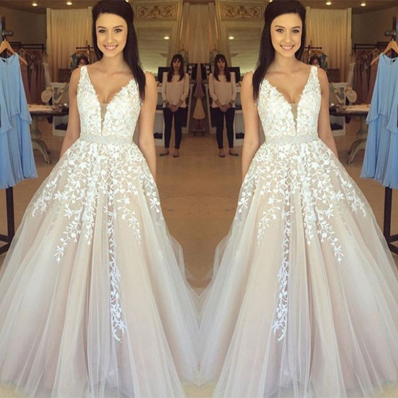 Luxury Sleeveless V-Neck Evening Dress UK Lace Appliques Tulle Online BA3252-27Dress.co.uk