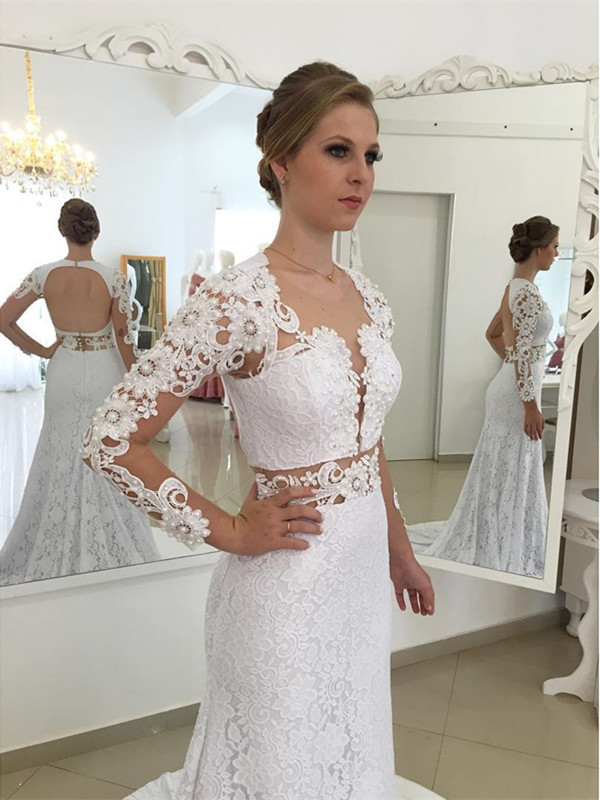 Lace Elegant Sexy Mermaid White Long-Sleeves Open-Back Appliques Wedding Dresses UK-27Dress.co.uk