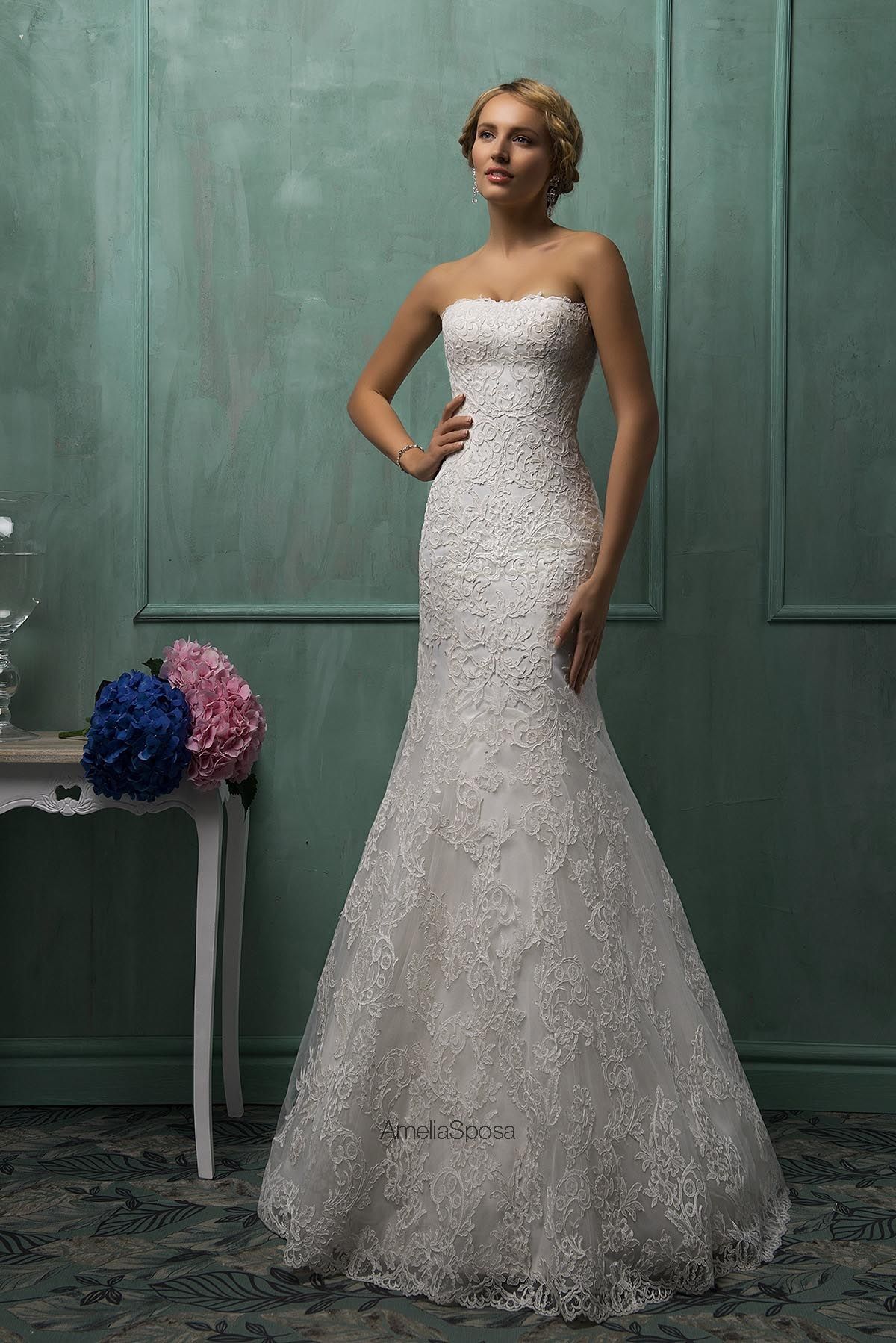 Elegant Strapless Sleeveless Lace Sexy Mermaid Wedding Dress Detachable Half-sleeve