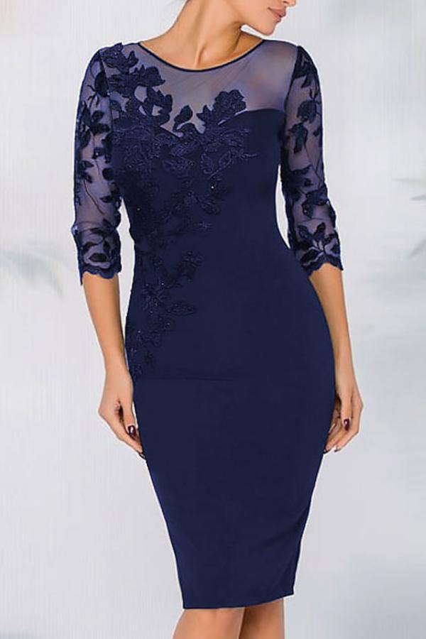 Amazing Half Sleeves Bodycon Wedding Guest Dress Crew Neck Knee Length Lace Mother of the Bride Dress
