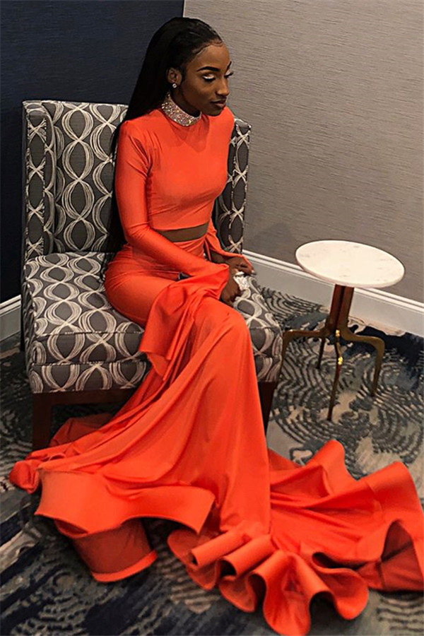 Elegant Orange Long-Sleeves High-Neck Elegant Trumpt Long Prom Dress UK