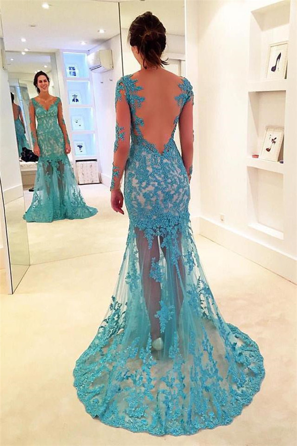 Sexy Lace Appliques Elegant V-Neck Prom Dress UKes UK Bacless Mermaid Longsleeves Evening Dress UKes UK