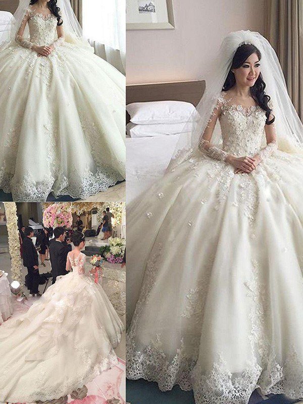 Applique Long Sleeves Ball Gown Cathedral Train Lace Tulle Scoop Neckline Wedding Dresses UK