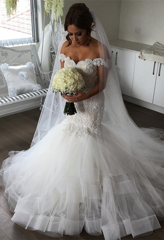 Elegant Off-the-Shoulder Sexy Mermaid Wedding Dress | Tulle Bridal Gowns