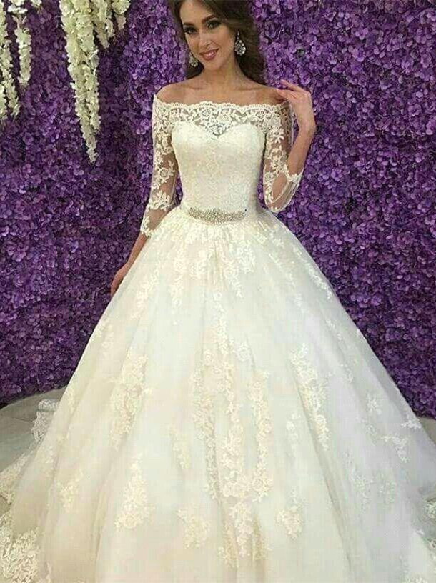Princess Off-the-Shoulder Long Sleeve Wedding Dress Lace Tulle