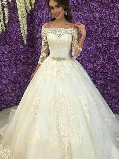 Princess Off-the-Shoulder Long Sleeve Wedding Dress Lace Tulle