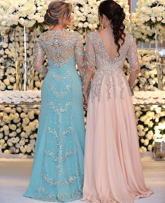 Long Sleeve Lace Beadings Mother of Bride Dress Front Split Long Prom Dress