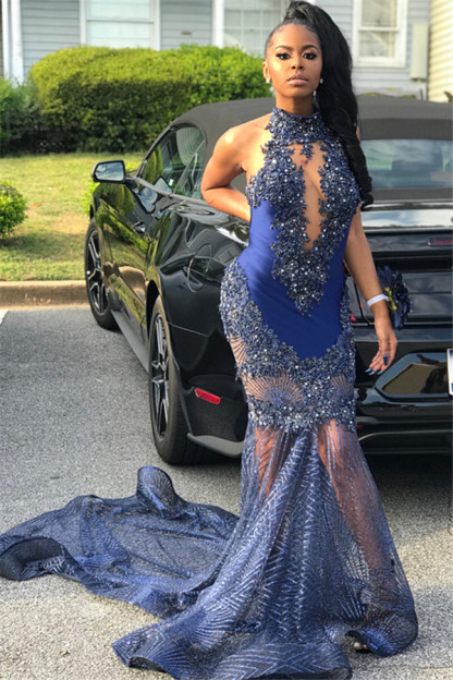 Elegant hot Mermaid Sleeveless High Neck Applique Prom Dress UKes UK UK