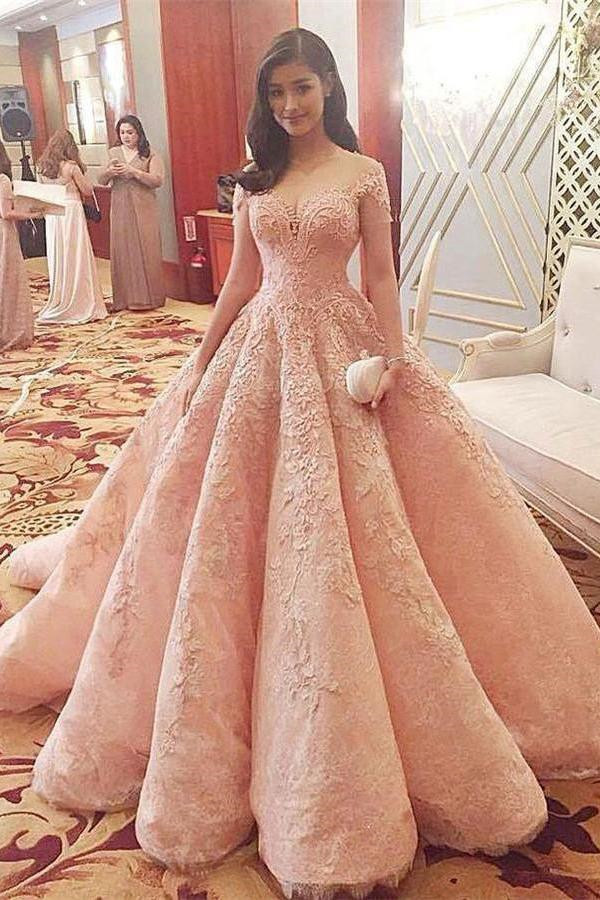Sexy Sequins Off-the-Shoulder Lace Appliques Prom Dress UKes UK Ball Gown Cap Sleeves Evening Dress UKes UK-27Dress.co.uk