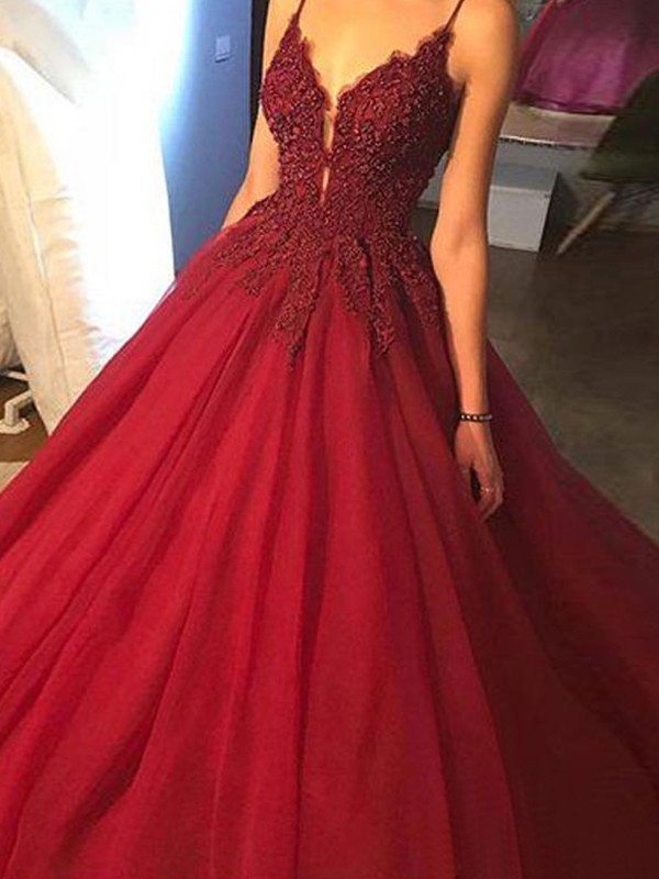 Sexy Spaghetti Strap Beads Prom Dress UKes UK Red Lace Ball Gown Elegant Evening Dress UKes UK