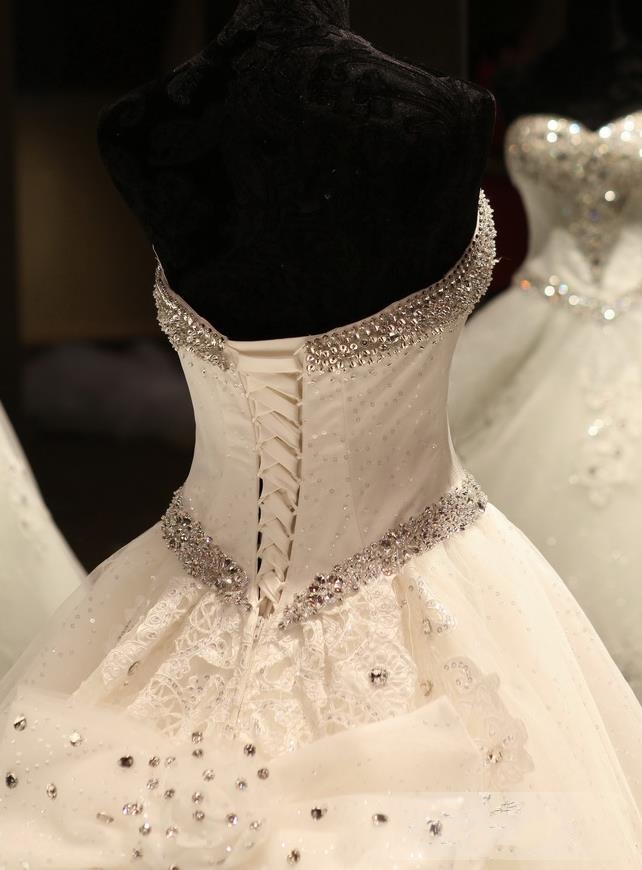 Glamorous Ball Gown Wedding Dresses UK Sweetheart Neck Crystals Lace-up Back Cathedral Train Bridal Gowns