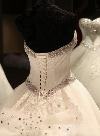 Glamorous Ball Gown Wedding Dresses UK Sweetheart Neck Crystals Lace-up Back Cathedral Train Bridal Gowns
