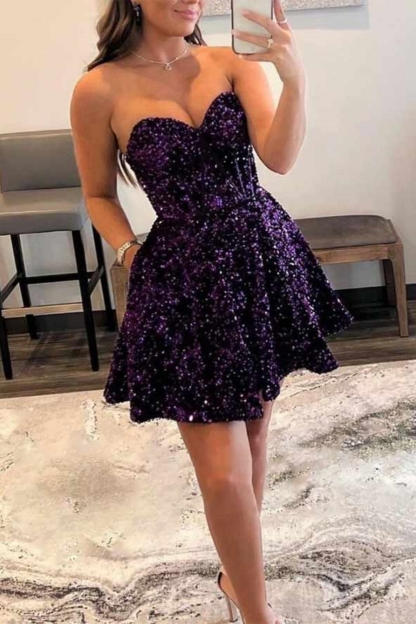 Sparkly Sweetheart Short Homecoming Dresses Sequins Prom Dress Strapless Tight Cocktail Dresses with Pocket-27Dress.co.uk
