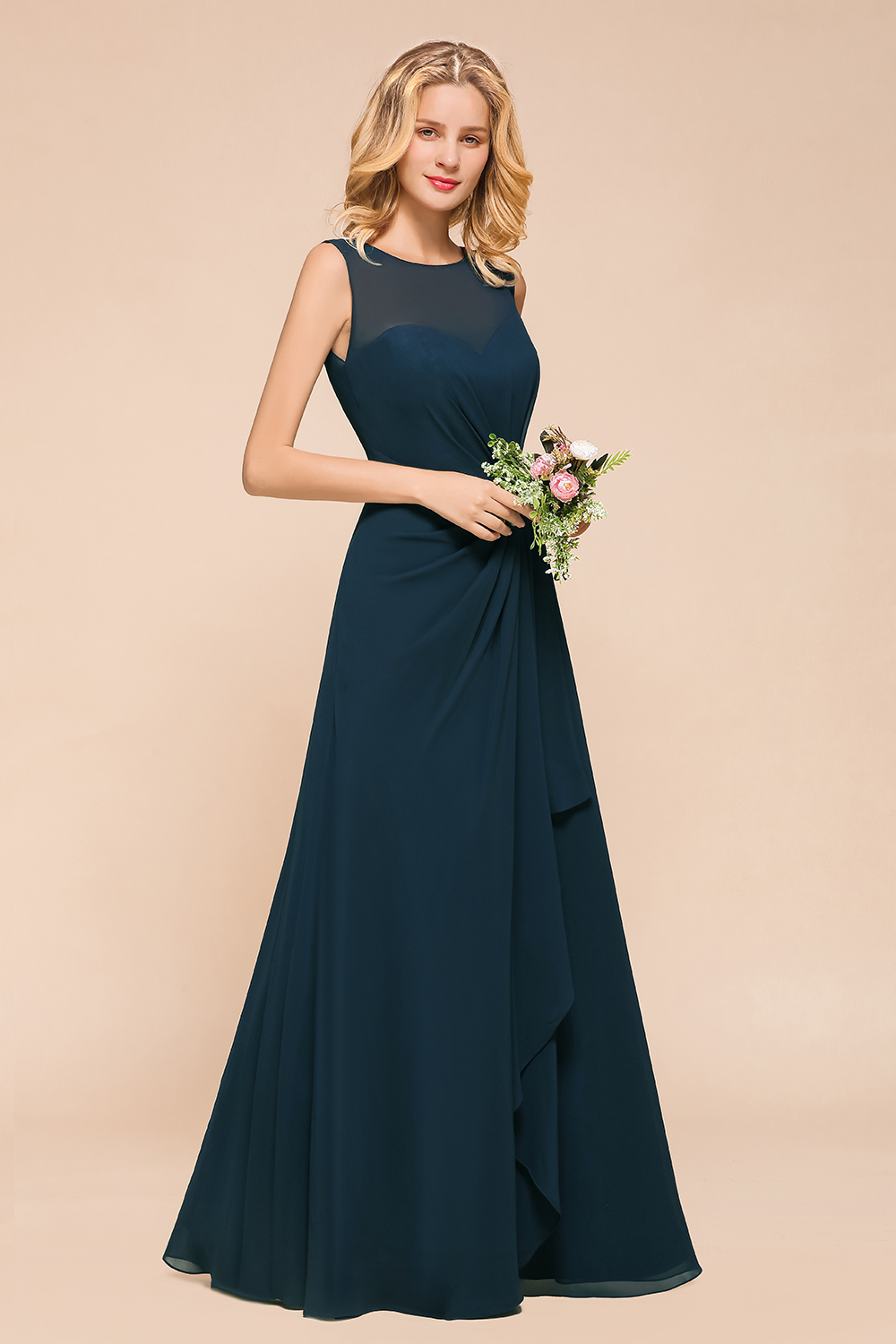 Jewel Neck Navy Long Bridesmaid Dress Sleeveless Chiffon Wedding Guest Dress