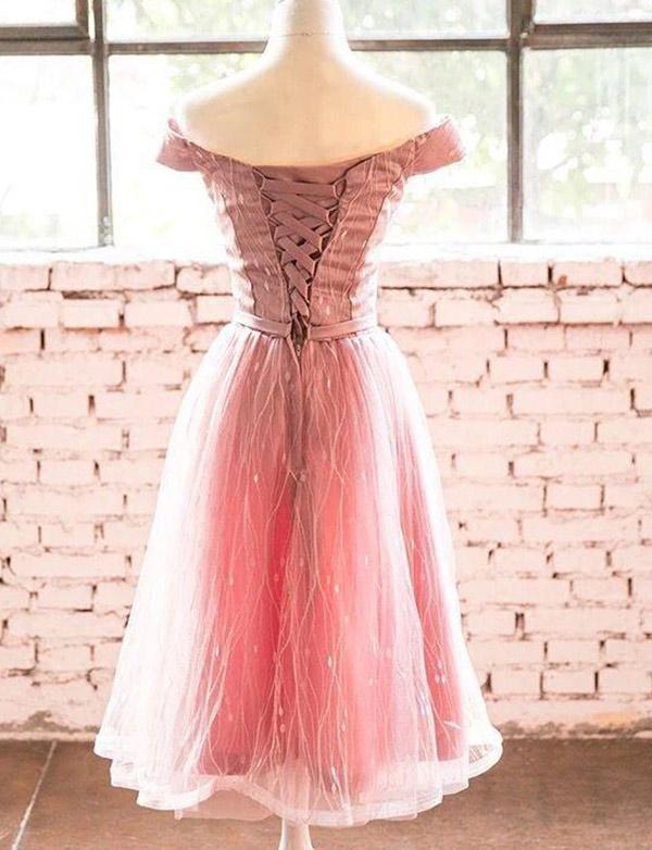 Trendy Short Sleeves A-Line Off-the-Shoulder Tea-Length Homecoming Dress UK