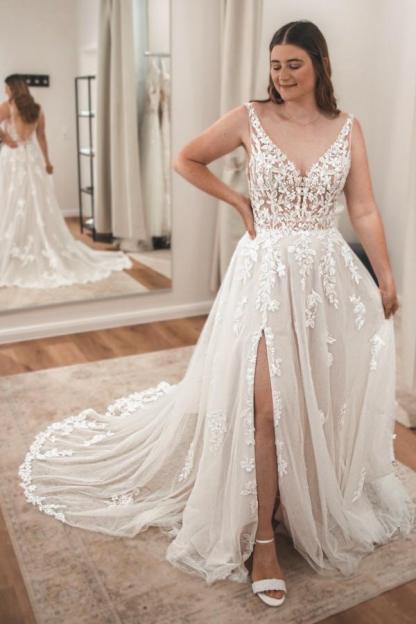 V-neck Open Back Appliques Lace A-Line Wedding Dresses with Slit
