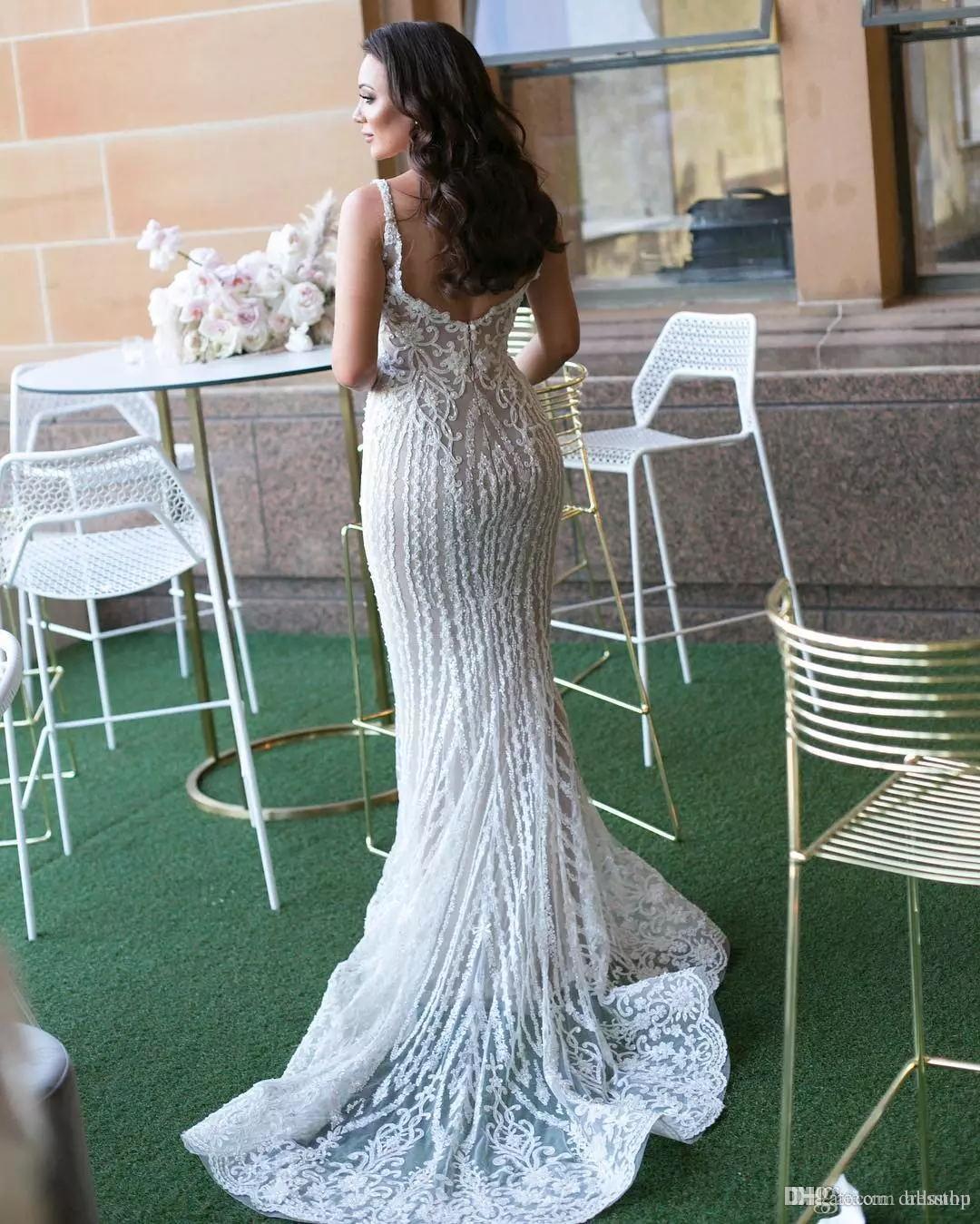 Gorgeous Lace Sexy Mermaid Wedding Dresses UK with Detachable Train Straps Sleeveless Bride Dress