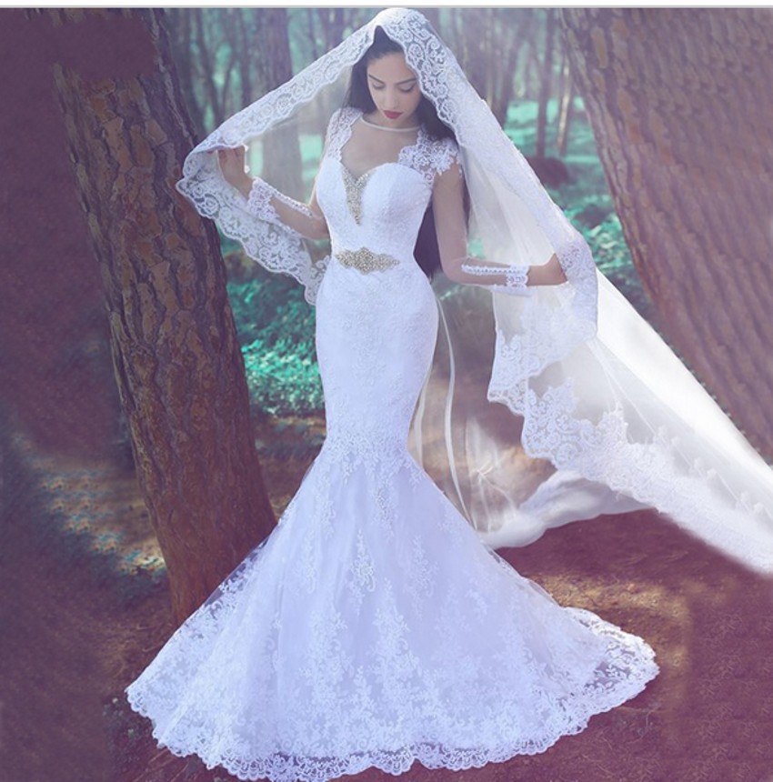 White Sexy Mermaid Tulle Appliques Wedding Dresses UK Long Sleeves Bridal Gowns with Beadss