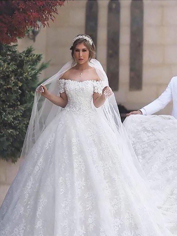 Lace Court Train Ball Gown Short Sleeves Tulle Off-the-Shoulder Wedding Dresses UK