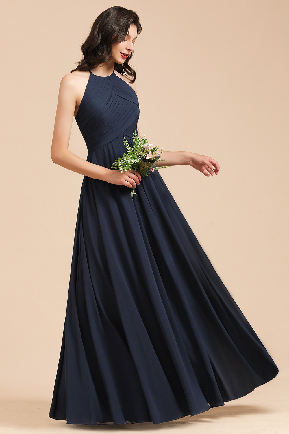 Halter Chiffon Long Bridesmaid Dress Sleeveless Pleated Wedding Guest Dress-27Dress.co.uk