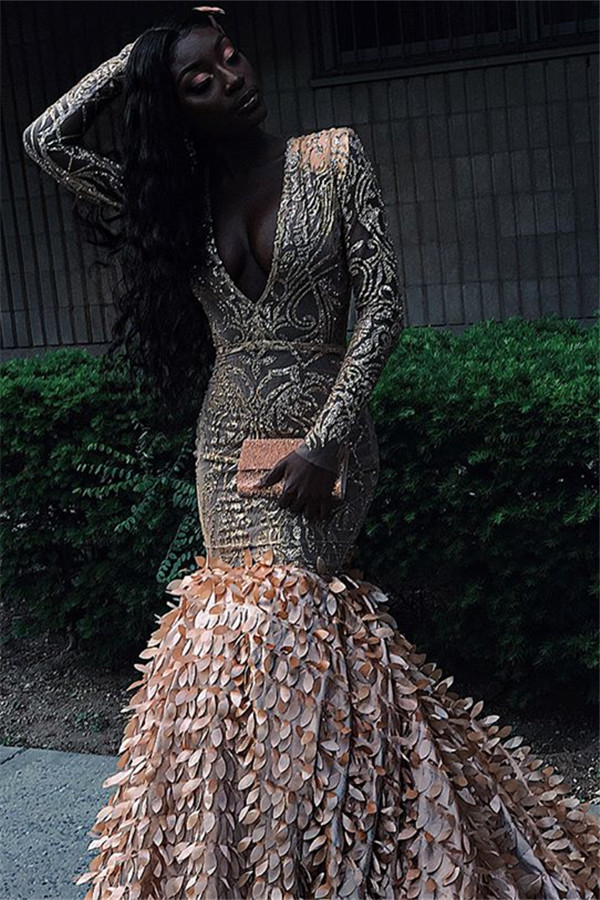 Simple Long Sleeves V-Neck Lace Applique Long Elegant Trumpt Prom Dress UKes UK UK