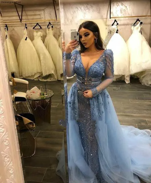 Luxurious V-neck Long Sleeves Belted Mermaid Crystal Beading Tulle Dresses with Overskirt
