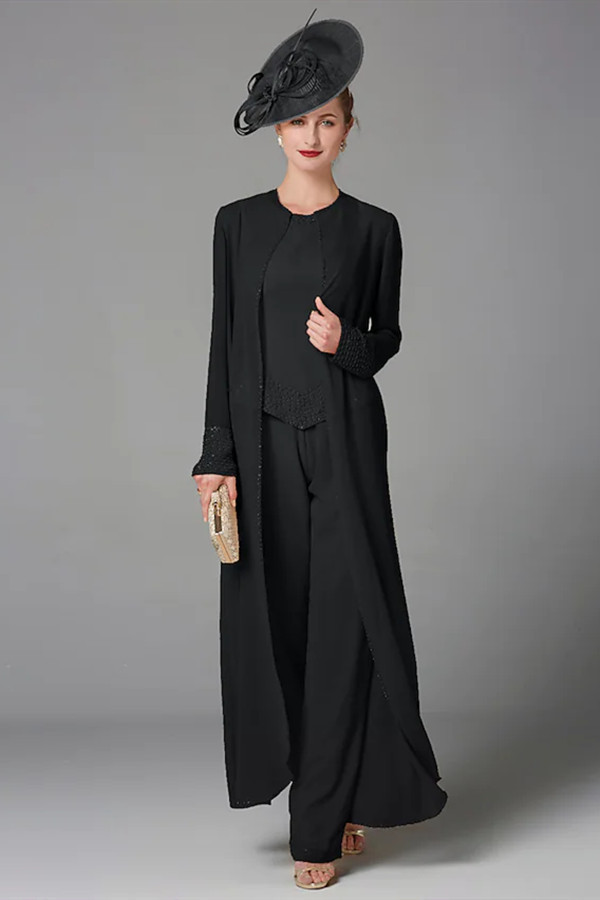 Plus Size Jumpsuit 3 Piece Mother of the Bride Dress Elegant Wrap Included Bateau Neck Floor Length Chiffon Sleeveless with Beading Appliques