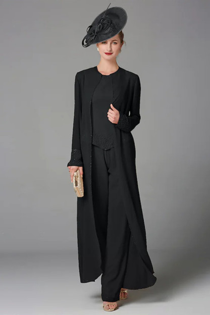 Plus Size Jumpsuit 3 Piece Mother of the Bride Dress Elegant Wrap Included Bateau Neck Floor Length Chiffon Sleeveless with Beading Appliques
