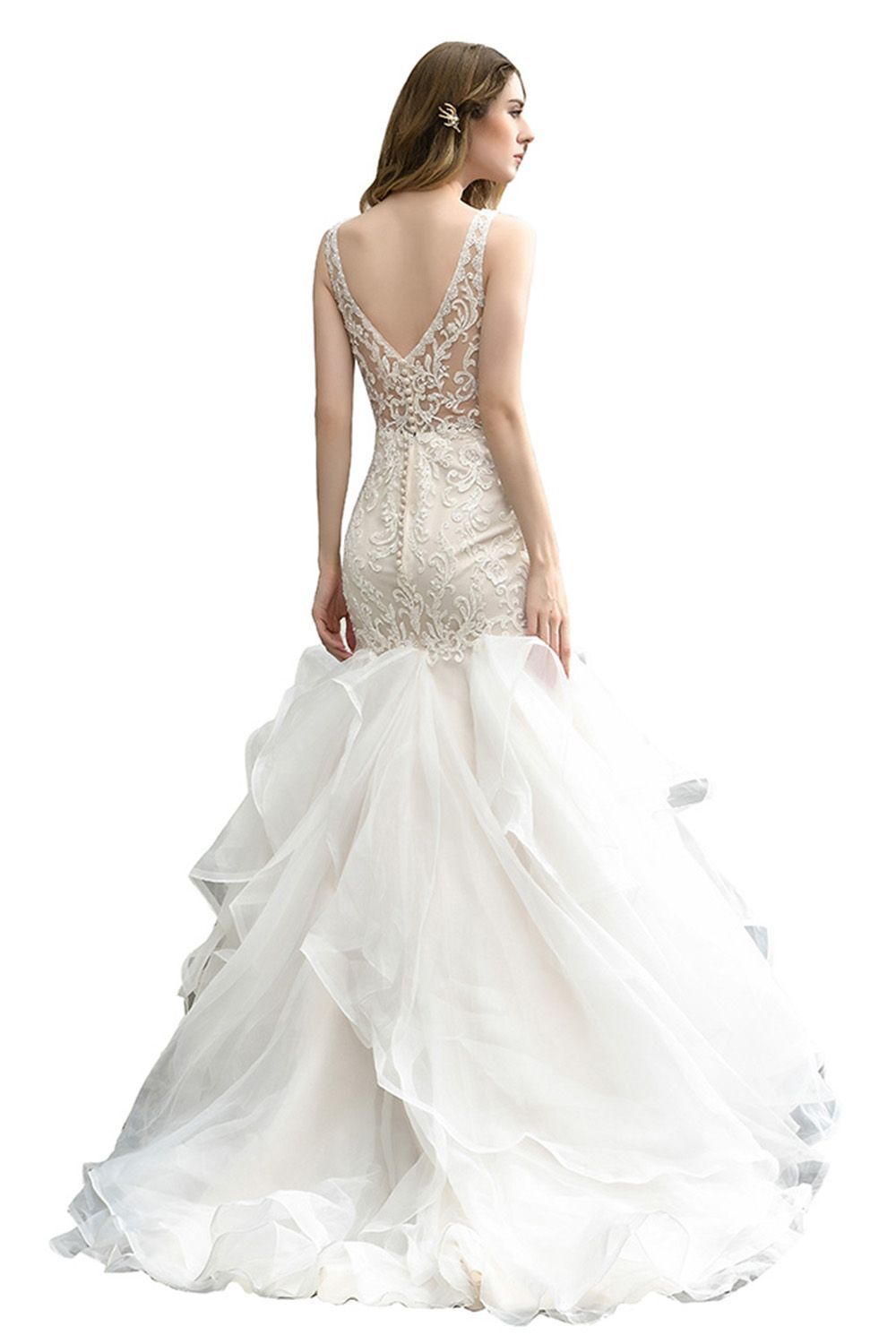 V-Neck Sleeveless Mermaid Bridal Dress Puffy Layers Wedding Dress