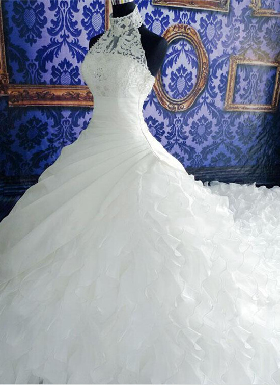 Gorgeous Ruffles Lace High Neck Wedding Dress Court Train Zipper