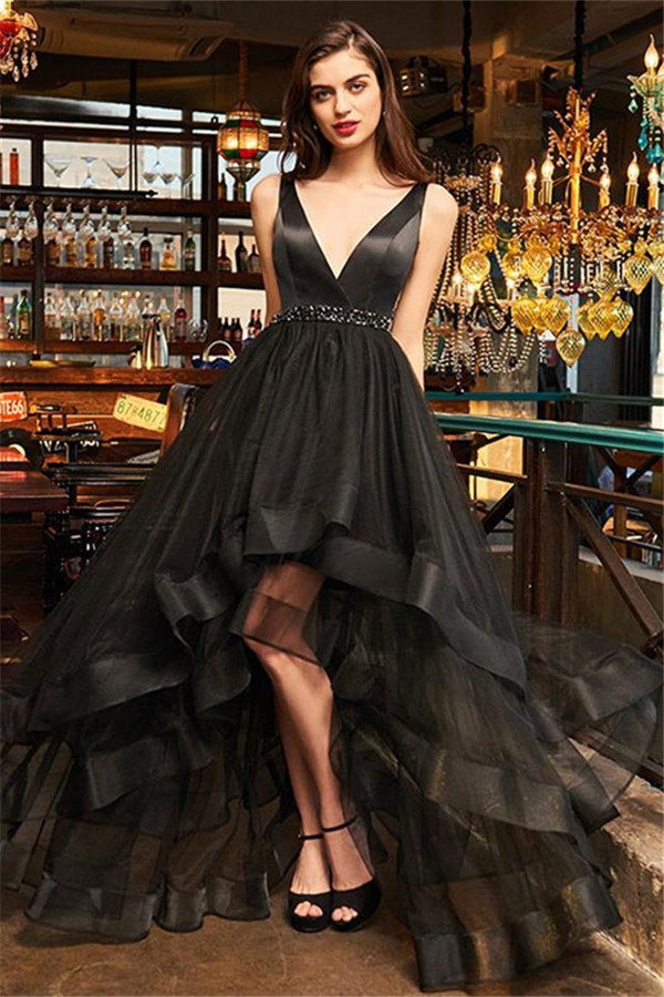 Black Elegant V-Neck Ruffles Crystal Prom Dress UKes UK Hi-Lo Open Back Sleeveless Elegant Evening Dress UKes UK