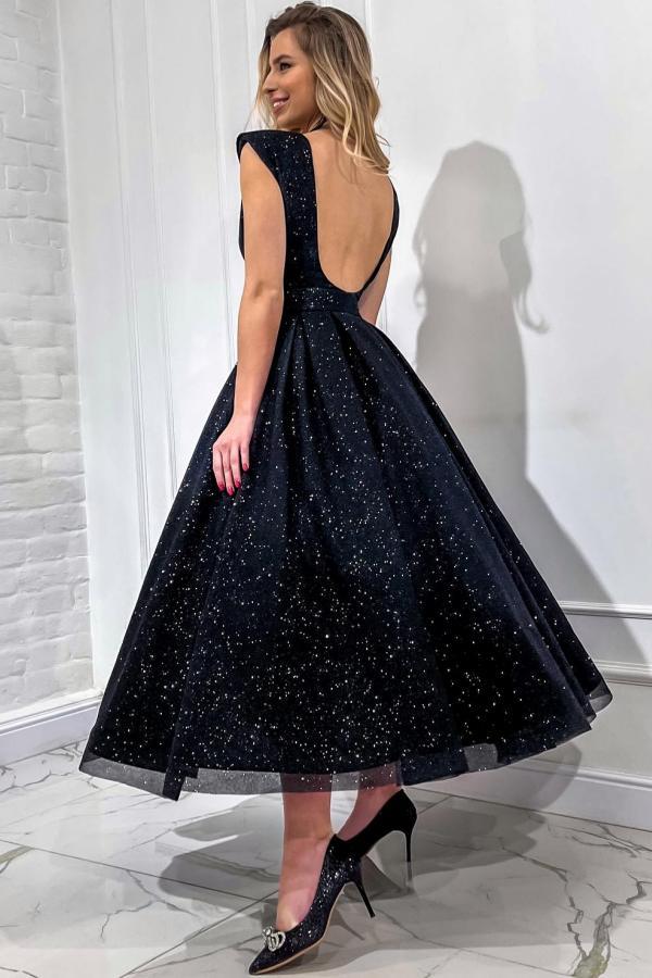 Glitter Sleeveless Black Sequins Ankle Length Evening Dress