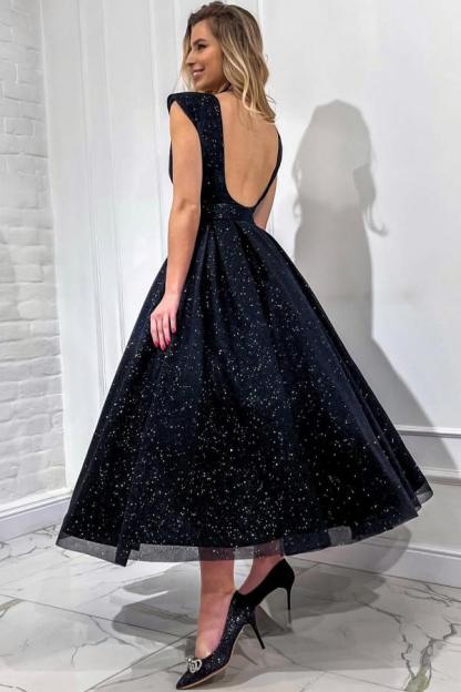Glitter Sleeveless Black Sequins Ankle Length Evening Dress