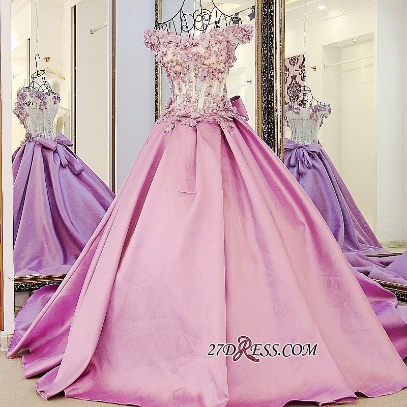 Off-the-Shoulder Puffy Beaded Applique Flowers Pink Prom Dress UKes UK With Bows