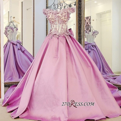 Off-the-Shoulder Puffy Beaded Applique Flowers Pink Prom Dress UKes UK With Bows