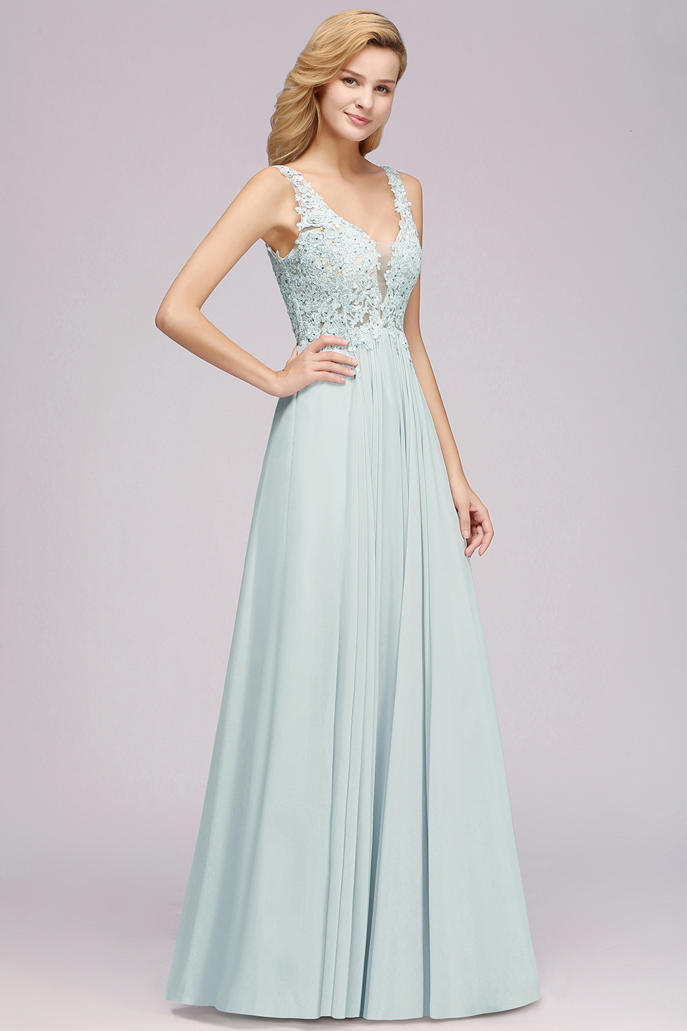 Elegant Lace V-Neck Chiffon?Beadings Long Bridesmaid Dress