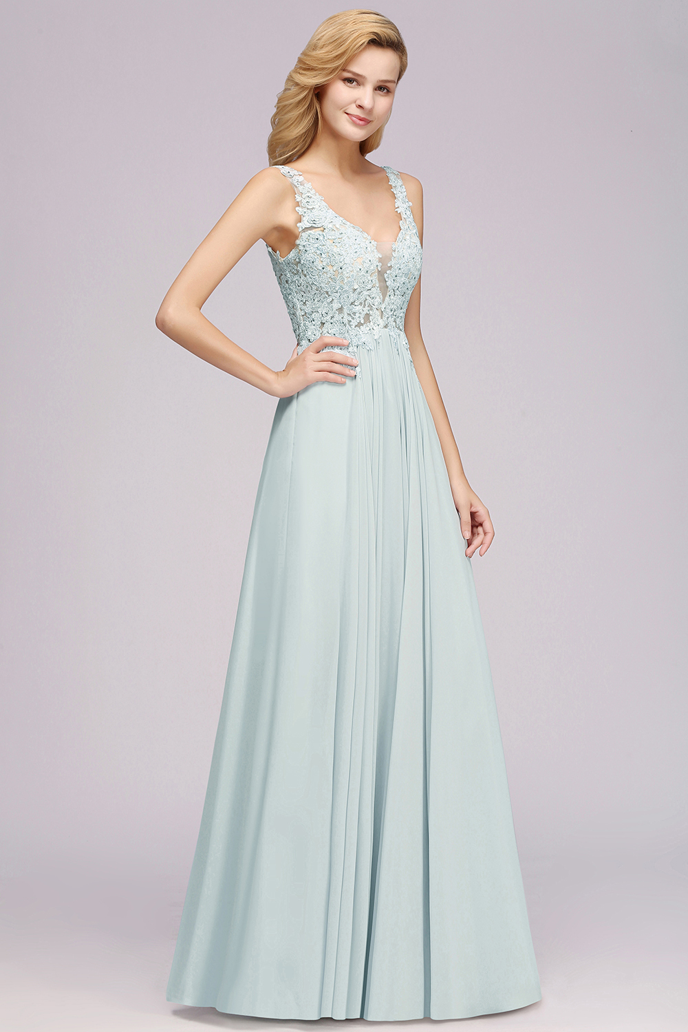 Elegant Lace V-Neck Chiffon?Beadings Long Bridesmaid Dress