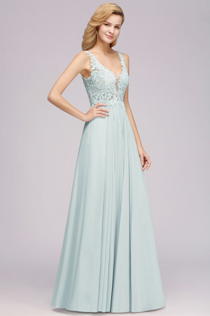 Elegant Lace V-Neck Chiffon?Beadings Long Bridesmaid Dress