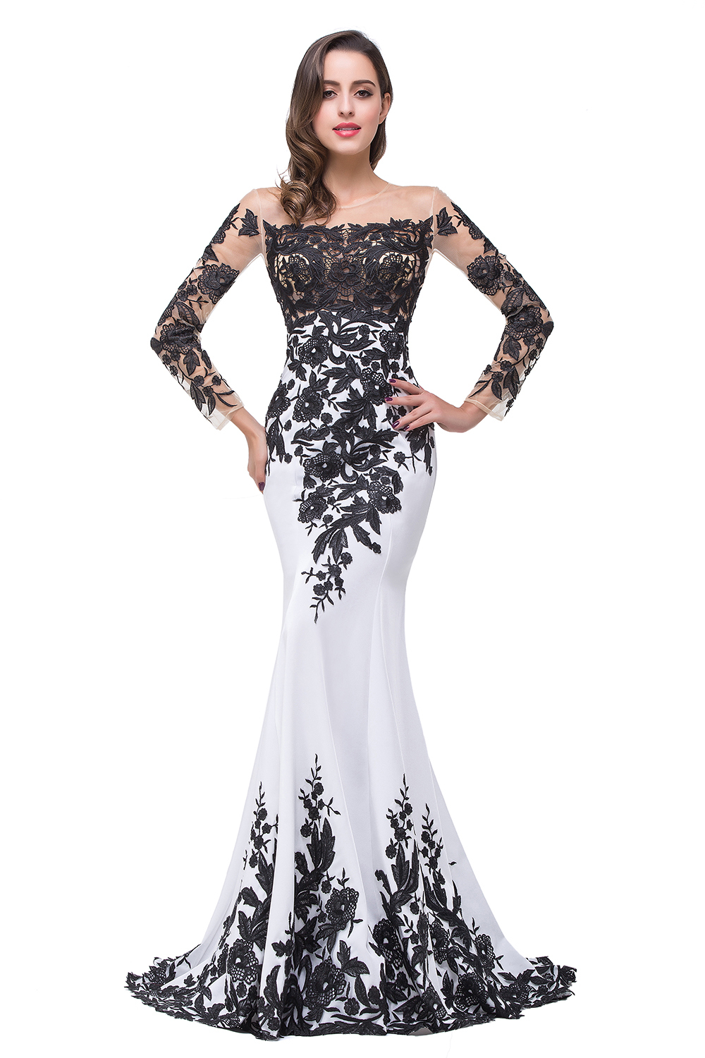 Gorgeous Long Sleeve Mermaid Evening Dress UK Black Appliques Mother Dress UK