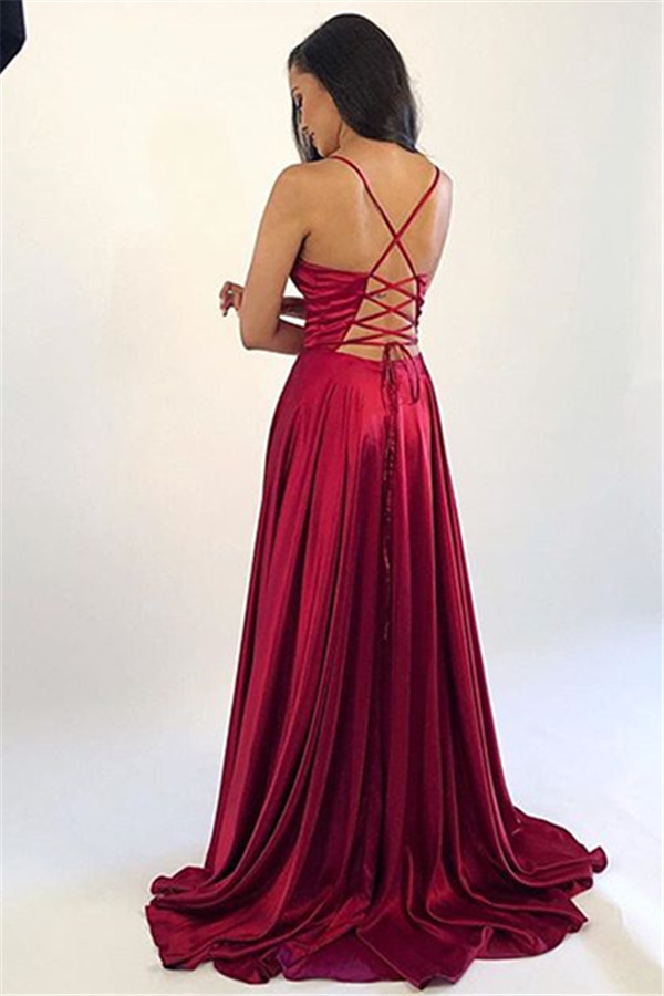 Spaghetti Strap Lace Up Prom Dress UKes UK Side Slit Sleeveless Evening Dress UKes UK