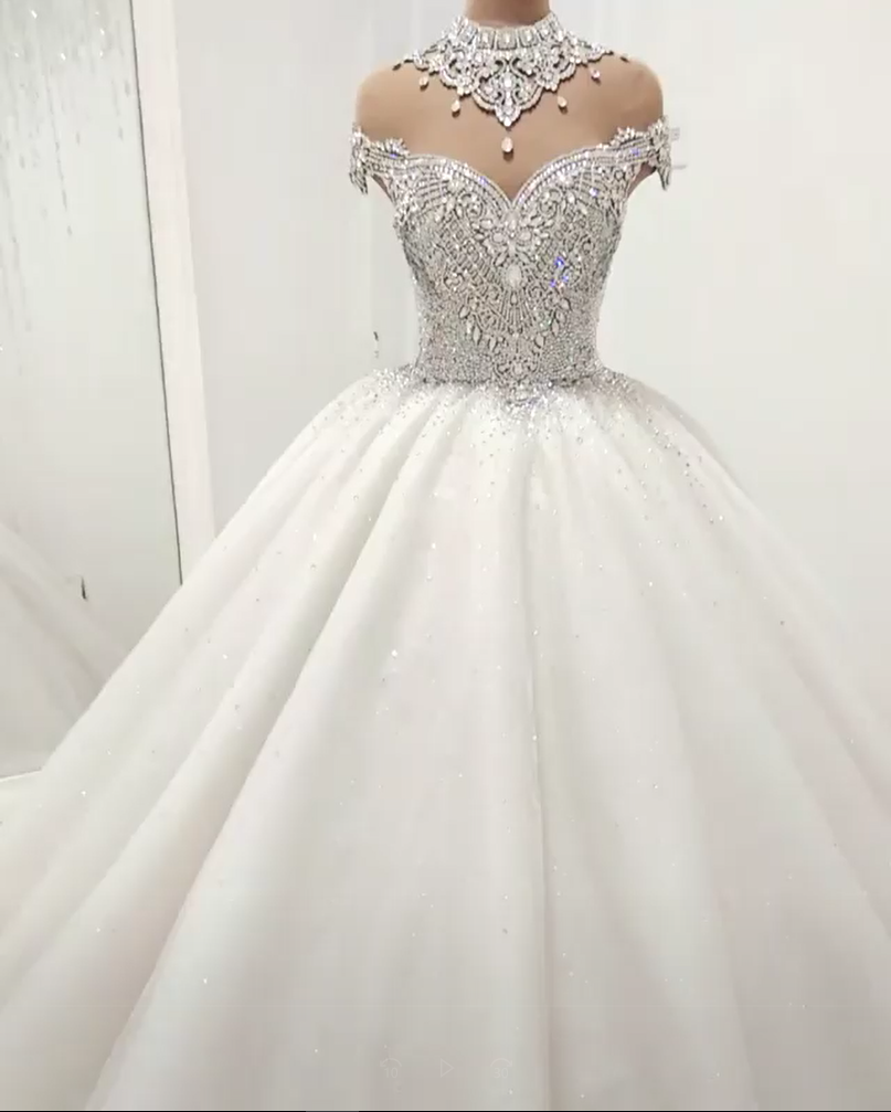 Glamorous High Neck Crystal Beads Ball Gown Wedding Dresses UK