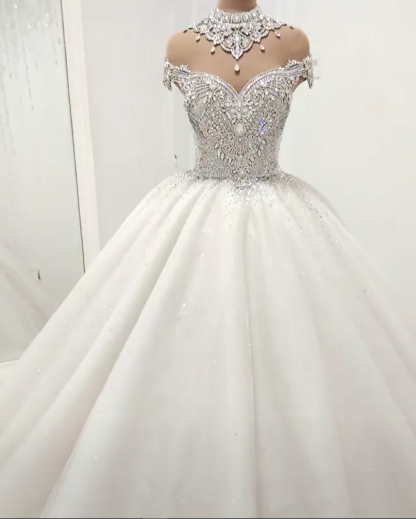 Glamorous High Neck Crystal Beads Ball Gown Wedding Dresses UK