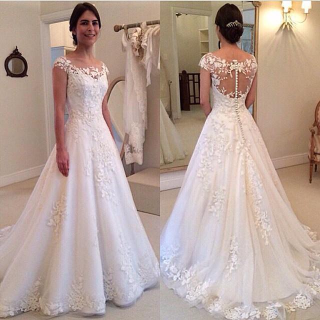 Elegant Cap Sleeve Lace Appliques Wedding Dresses UK A-Line Zipper Button Bridal Gowns