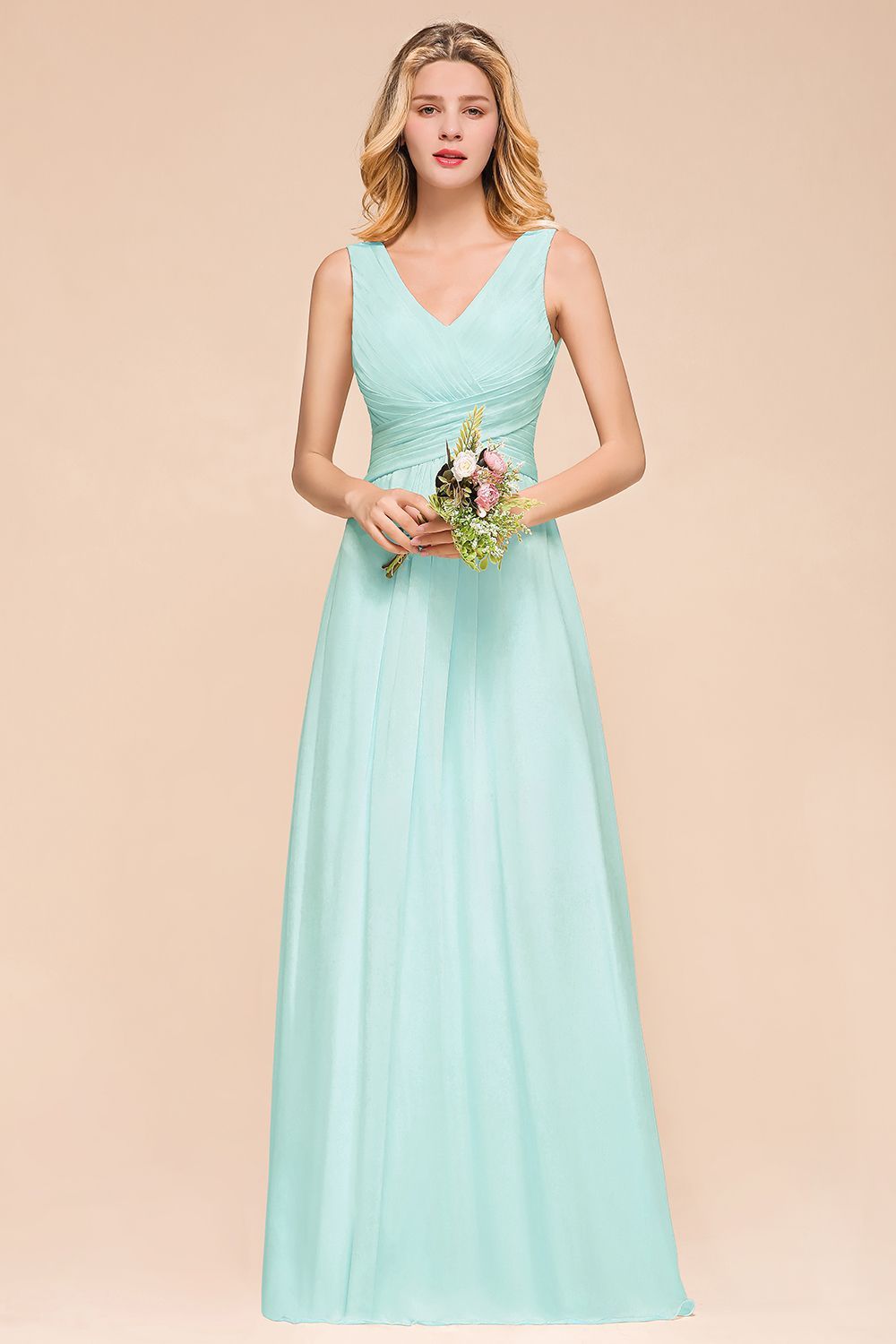 Mint Green Bridesmaid Dress Sleeveless V-Neck Long Wedding Party Dress