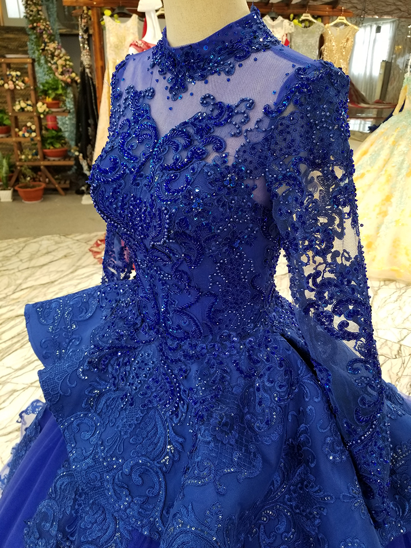 Long Sleeves Ball Gown Applique Tulle Beads Court Train Prom Dress UK UK
