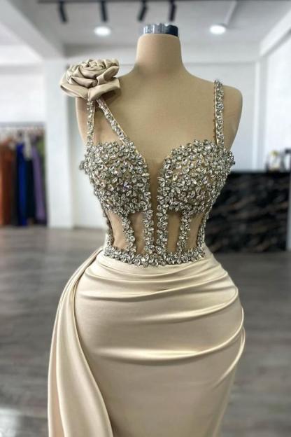 Sexy Spaghetti Straps Crystal Floor-Length Mermaid Prom Dresses