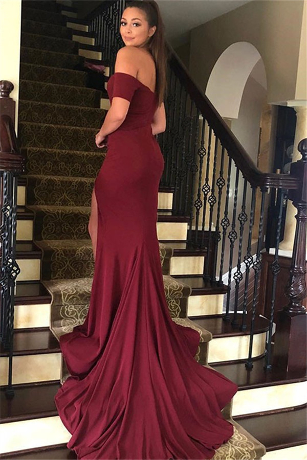 Burgundy Off-the-Shoulder Prom Dress UKes UK Side Slit Mermaid Sleeveless Elegant Evening Dress UKes UK-27Dress.co.uk